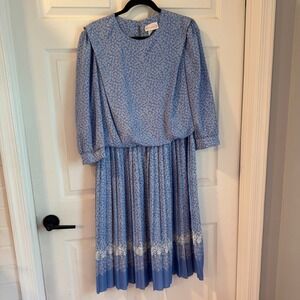 Amy-Deb Pleated Floral Midi Dress Women 14 Blue‎ Vintage 80s Style Made in USA